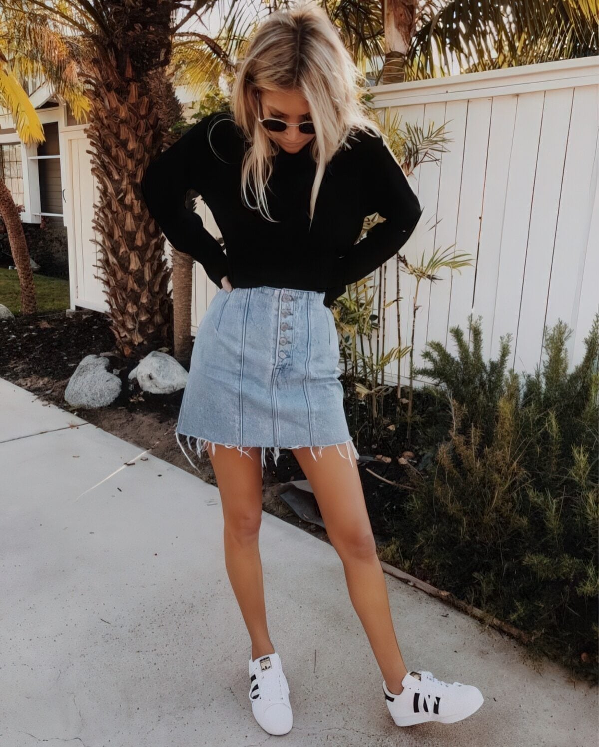 Black Long-Sleeve Top with Distressed Denim Mini Skirt Black Long-Sleeve Top with Distressed Denim Mini Skirt — Trendy Lazy Outfits