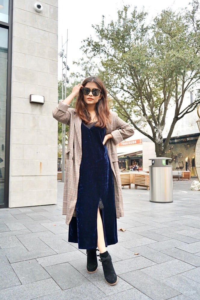 Navy Velvet Slip Dress Under Plaid Blazer Navy Velvet Slip Dress Under Plaid Blazer — Trendy Lazy Outfits