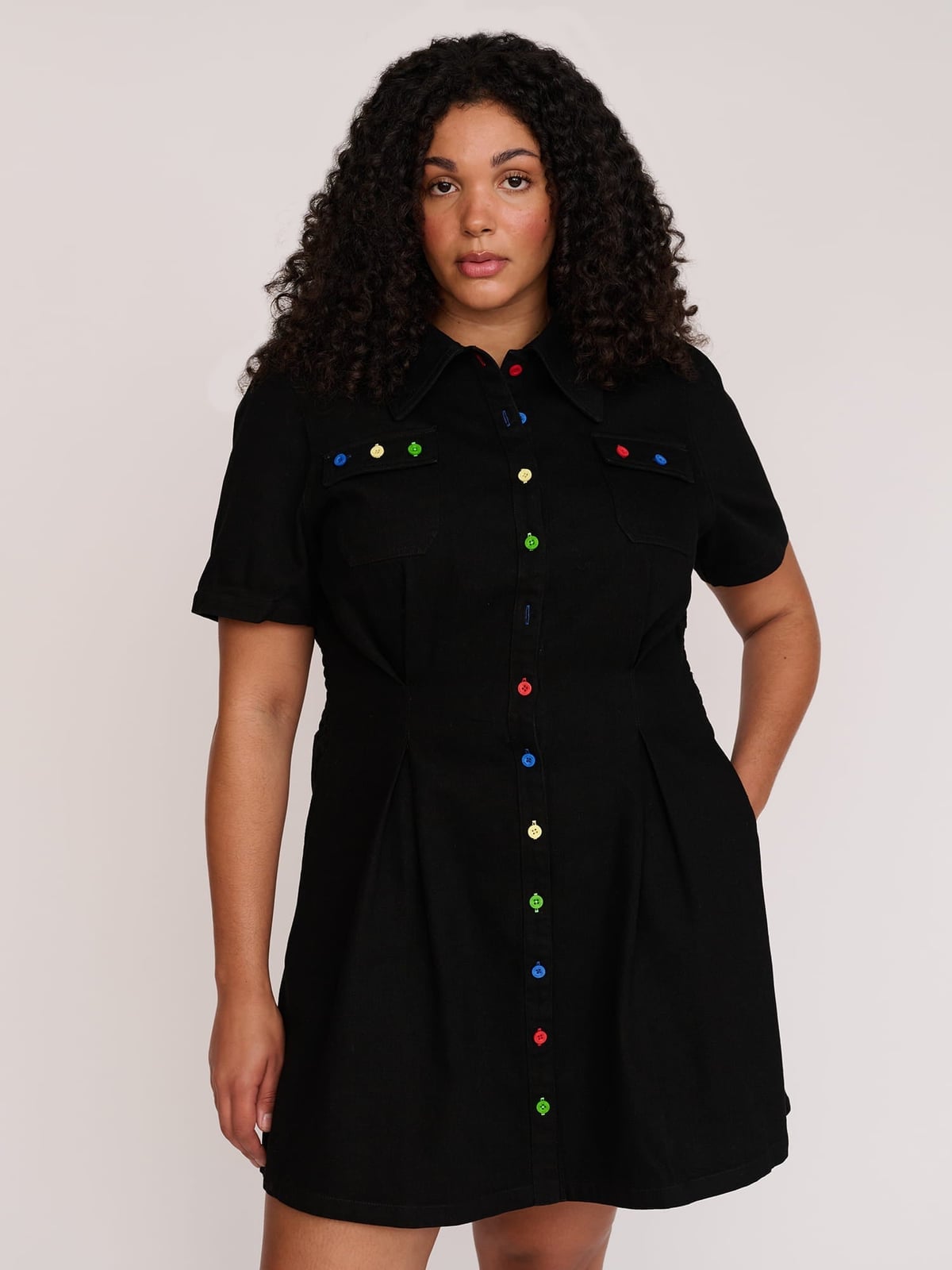 Black Denim Dress with Colorful Buttons Black Denim Dress with Colorful Buttons — Trendy Lazy Outfits