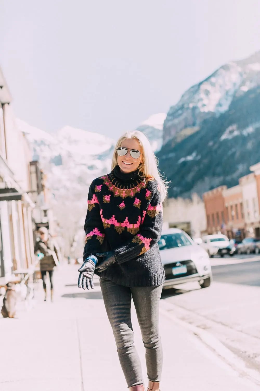 Patterned Turtleneck Sweater with Grey Slim-Fit Jeans Patterned Turtleneck Sweater with Grey Slim-Fit Jeans — Trendy Lazy Outfits