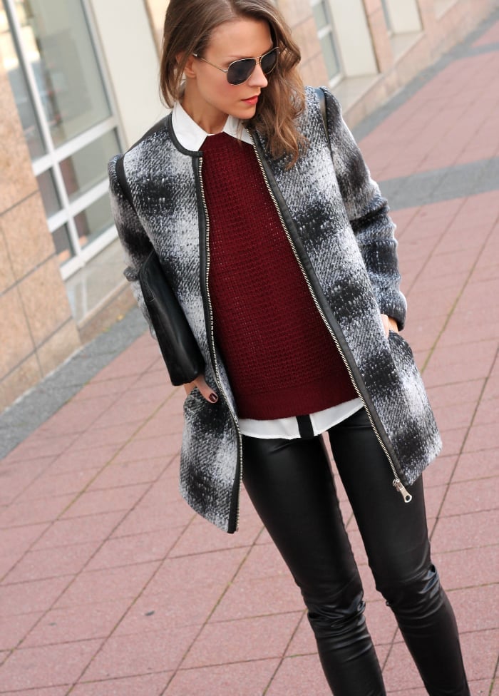 Plaid Coat with Leather Trim Over Knit Sweater Plaid Coat with Leather Trim Over Knit Sweater — Trendy Lazy Outfits