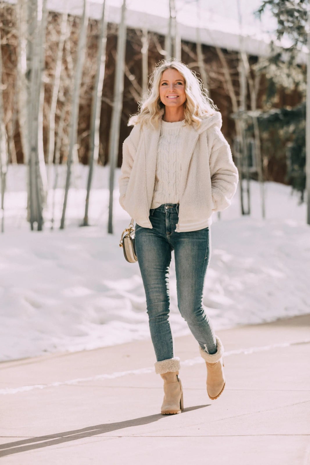 Cream Teddy Jacket Over Cable Knit Sweater with Slim Jeans Cream Teddy Jacket Over Cable Knit Sweater with Slim Jeans — Trendy Lazy Outfits