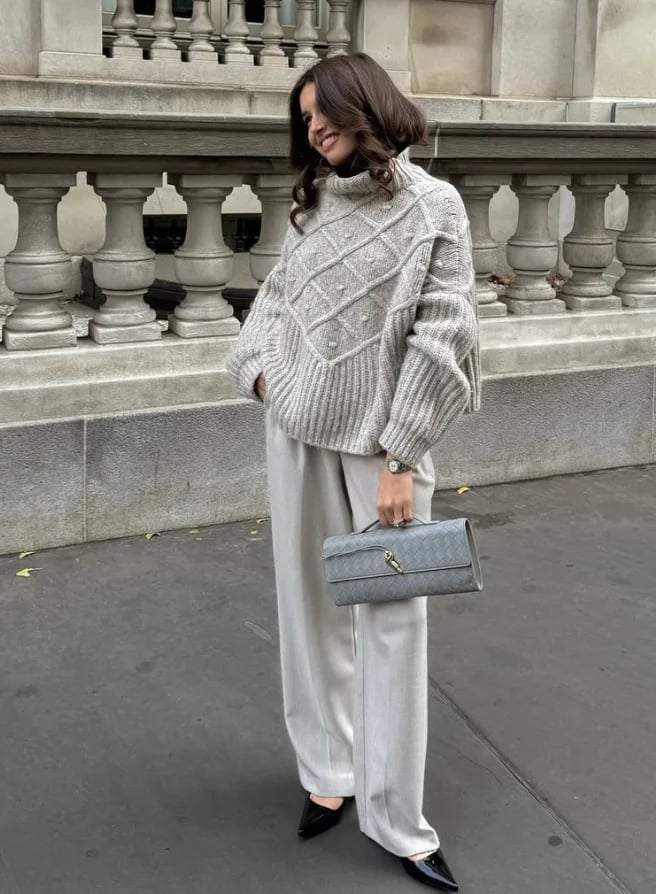 Grey Cable-Knit Turtleneck with Grey Wide-Leg Pants Grey Cable-Knit Turtleneck with Grey Wide-Leg Pants — Trendy Lazy Outfits