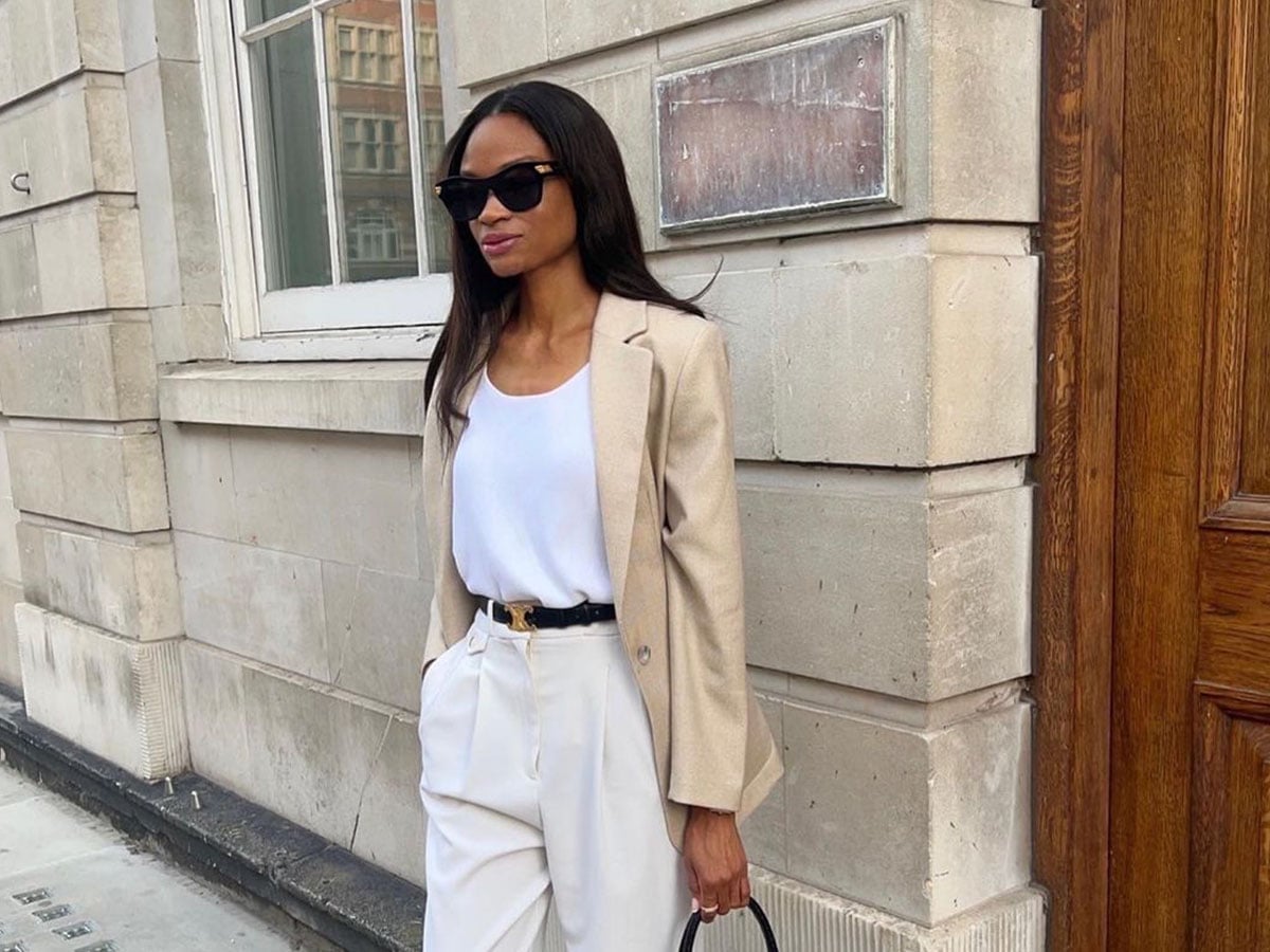 Beige Oversized Blazer with White Tank and Relaxed Trousers Beige Oversized Blazer with White Tank and Relaxed Trousers — Trendy Lazy Outfits