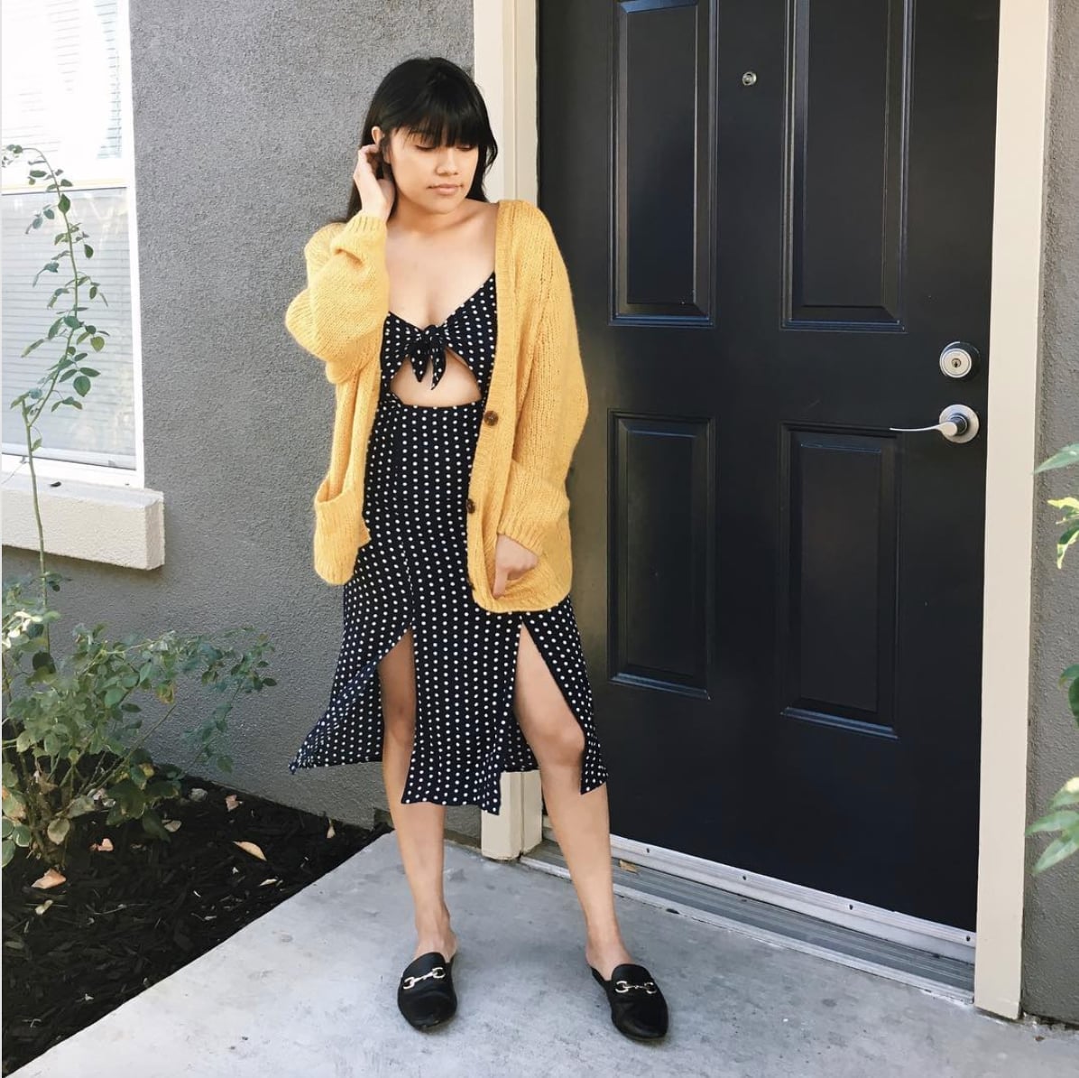 Yellow Cardigan Over Polka Dot Dress Yellow Cardigan Over Polka Dot Dress — Trendy Lazy Outfits