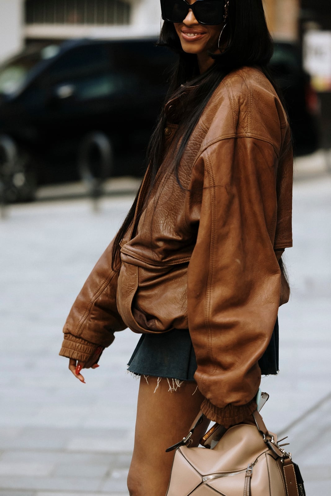Distressed Brown Leather Jacket with Dark Mini Skirt Distressed Brown Leather Jacket with Dark Mini Skirt — Trendy Leather Jacket Outfits Women