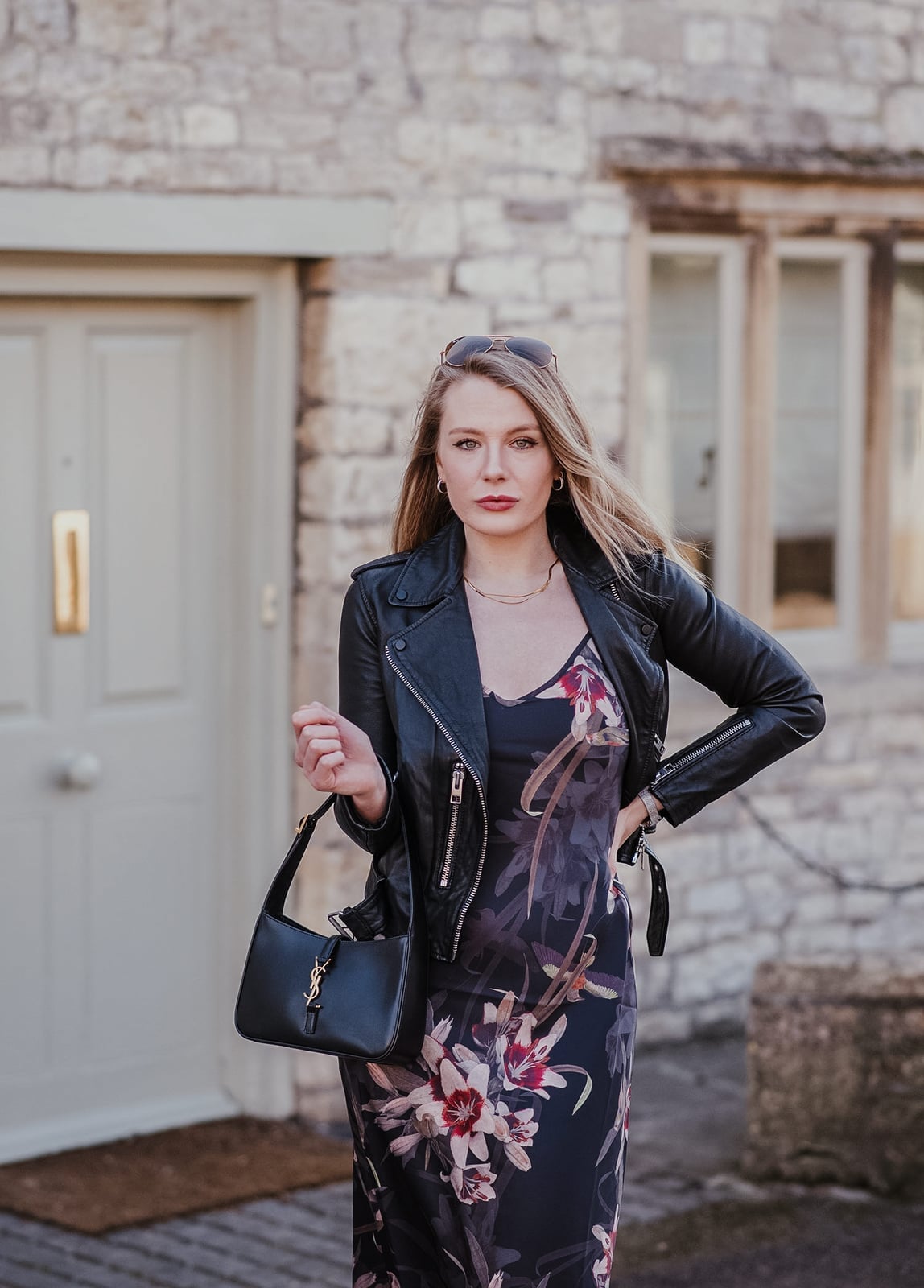 Fitted Black Leather Jacket Over Floral Print Dress Fitted Black Leather Jacket Over Floral Print Dress — Trendy Leather Jacket Outfits Women