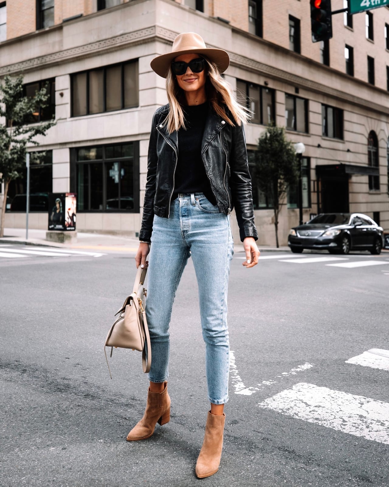 Black Leather Moto Jacket with Skinny Jeans and Fedora Black Leather Moto Jacket with Skinny Jeans and Fedora — Trendy Leather Jacket Outfits Women