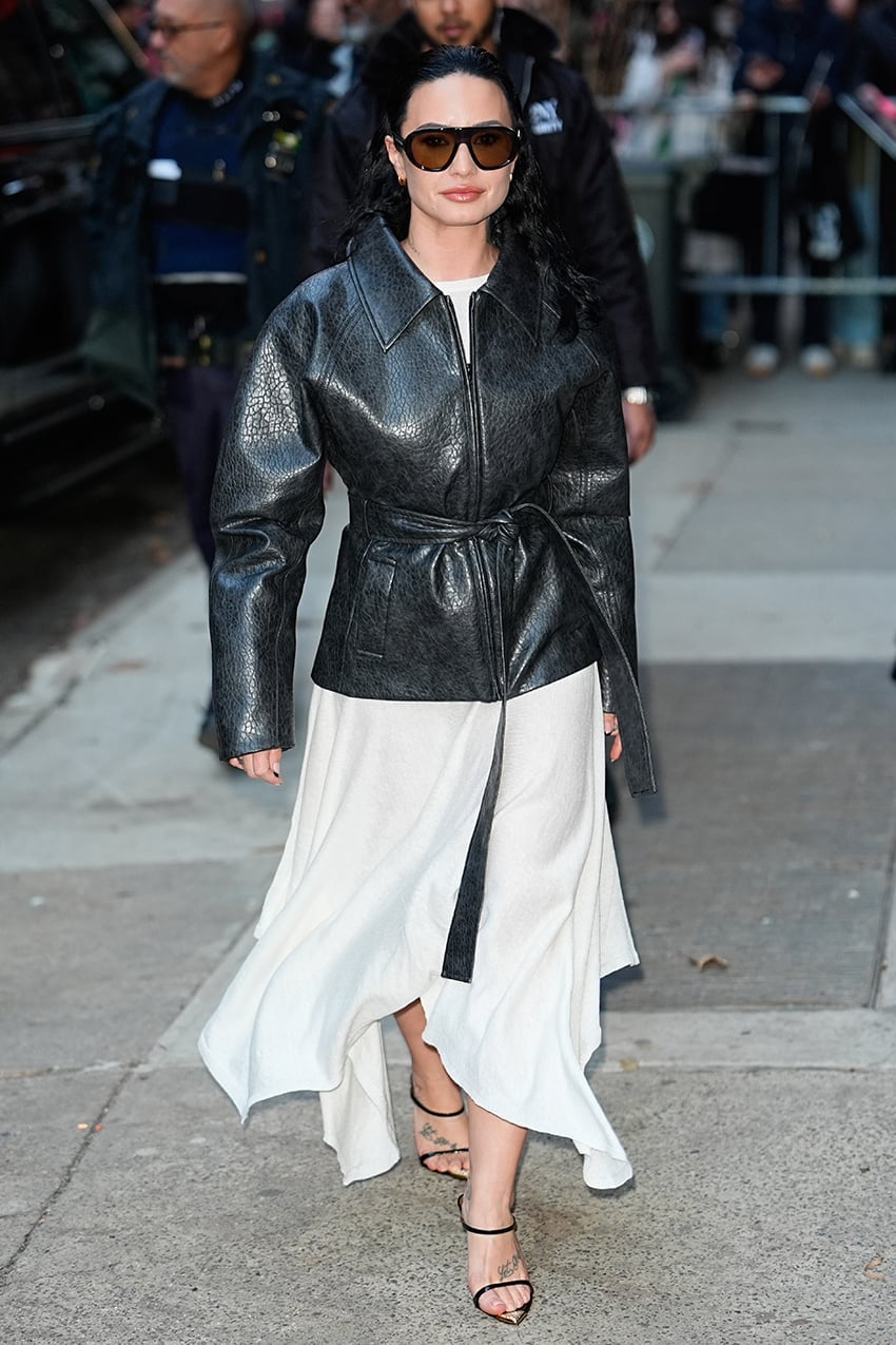 Black Leather Jacket with Tie Belt and Draped Dress Black Leather Jacket with Tie Belt and Draped Dress — Trendy Leather Jacket Outfits Women