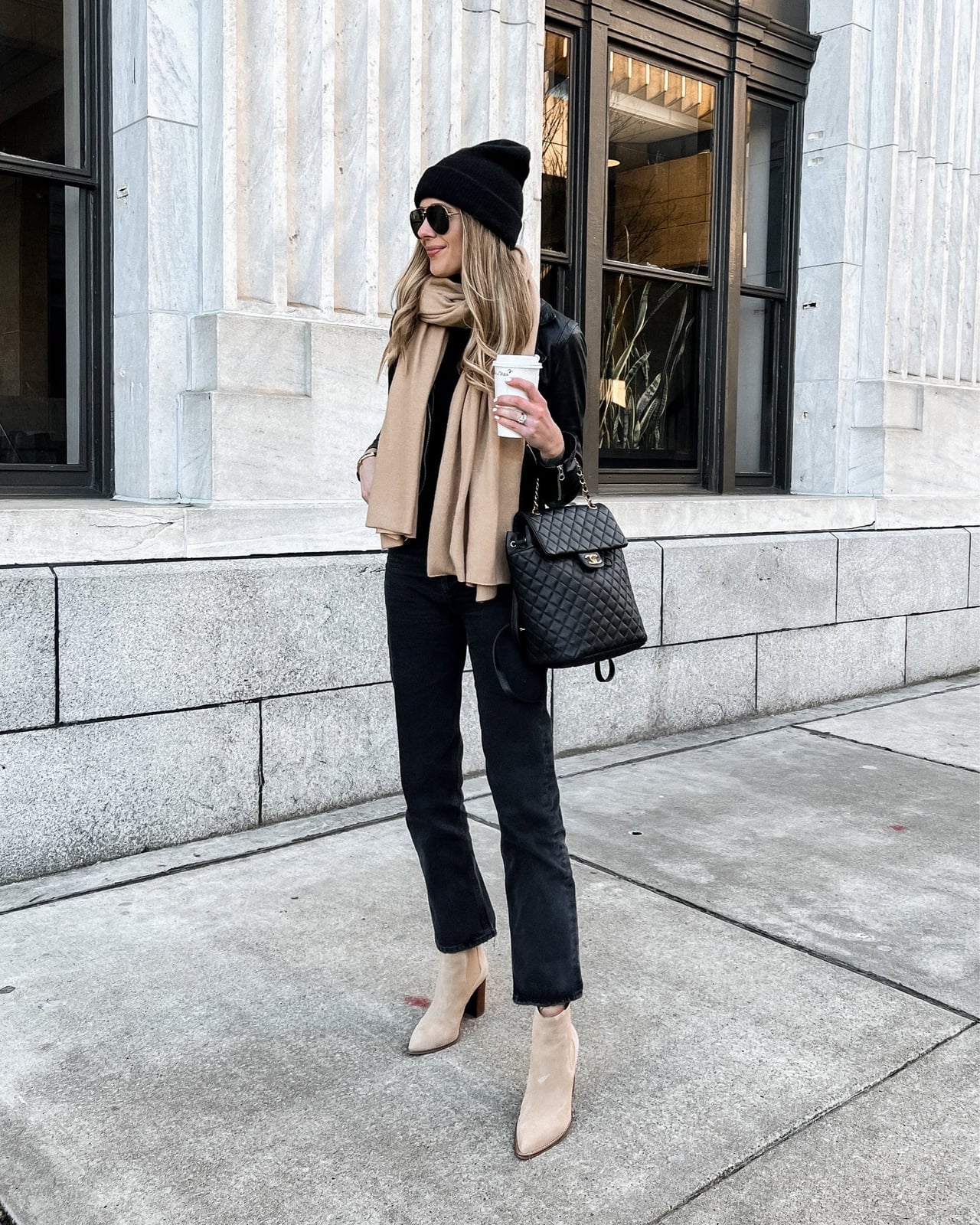 Black Leather Jacket with Camel Scarf and Beanie Black Leather Jacket with Camel Scarf and Beanie — Trendy Leather Jacket Outfits Women