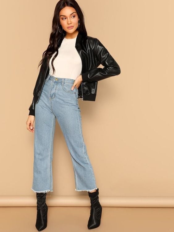 Black Leather Bomber Jacket with Straight-Leg Jeans and White T-Shirt Black Leather Bomber Jacket with Straight-Leg Jeans and White T-Shirt — Trendy Leather Jacket Outfits Women