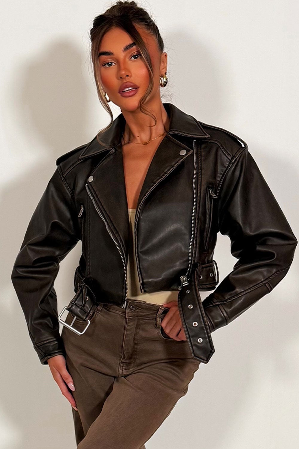 Cropped Dark Brown Leather Jacket with Cinched Waist Cropped Dark Brown Leather Jacket with Cinched Waist — Trendy Leather Jacket Outfits Women