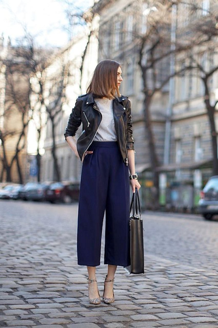 Black Leather Jacket with Grey T-shirt and Wide-Leg Culottes Black Leather Jacket with Grey T-shirt and Wide-Leg Culottes — Trendy Leather Jacket Outfits Women