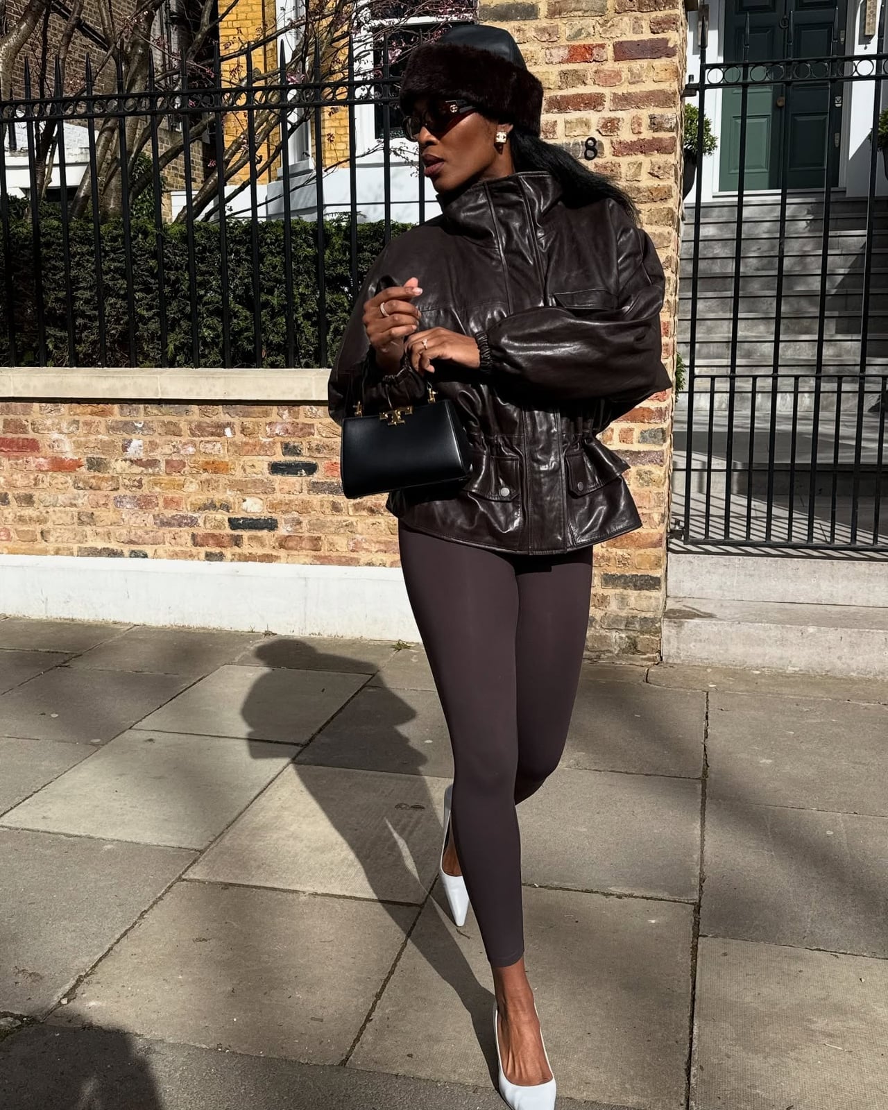 Leather Jacket with Taupe Leggings Leather Jacket with Taupe Leggings — Trendy Leggings Outfits