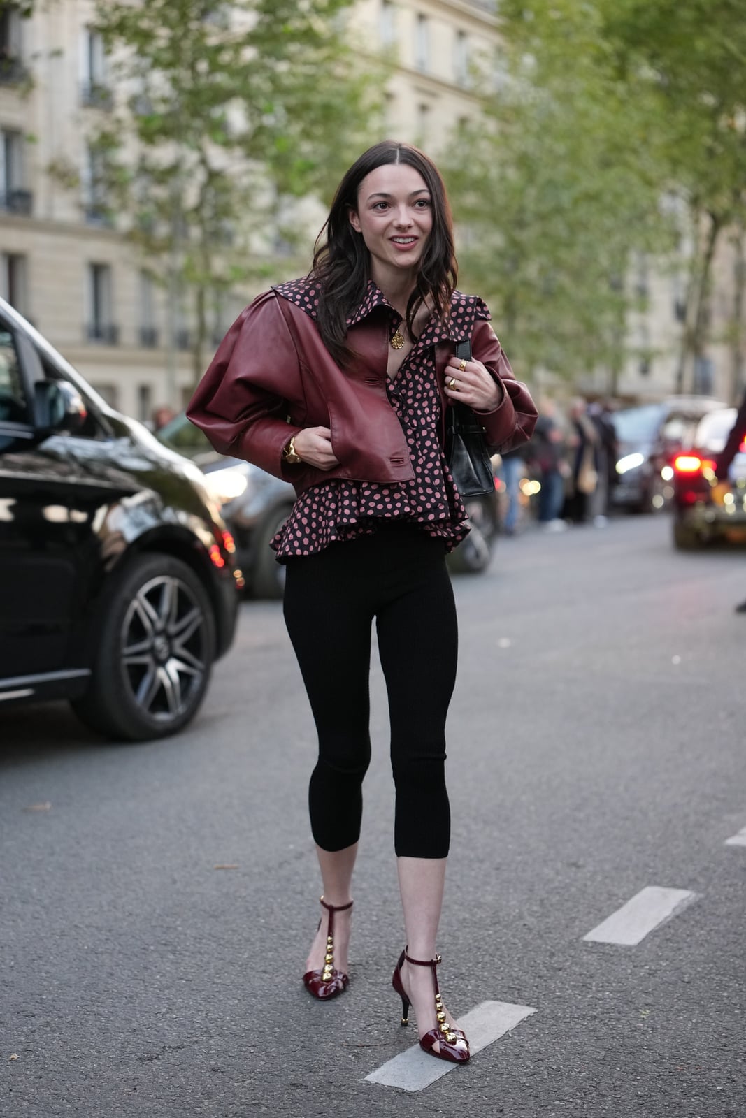 Burgundy Leather Jacket with Cropped Leggings Burgundy Leather Jacket with Cropped Leggings — Trendy Leggings Outfits