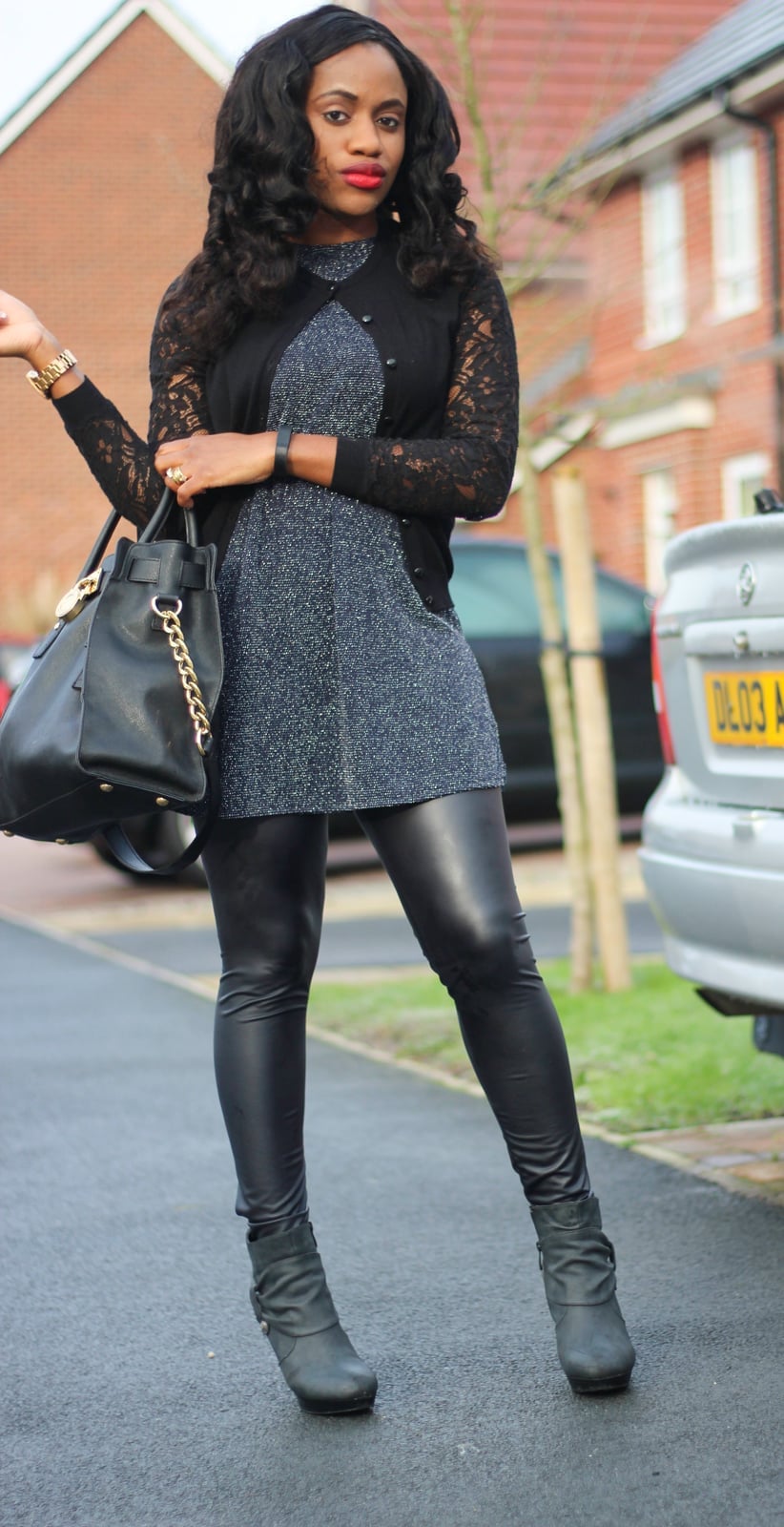 Sparkly Dress and Lace Cardigan with Leather-Look Leggings Sparkly Dress and Lace Cardigan with Leather-Look Leggings — Trendy Leggings Outfits