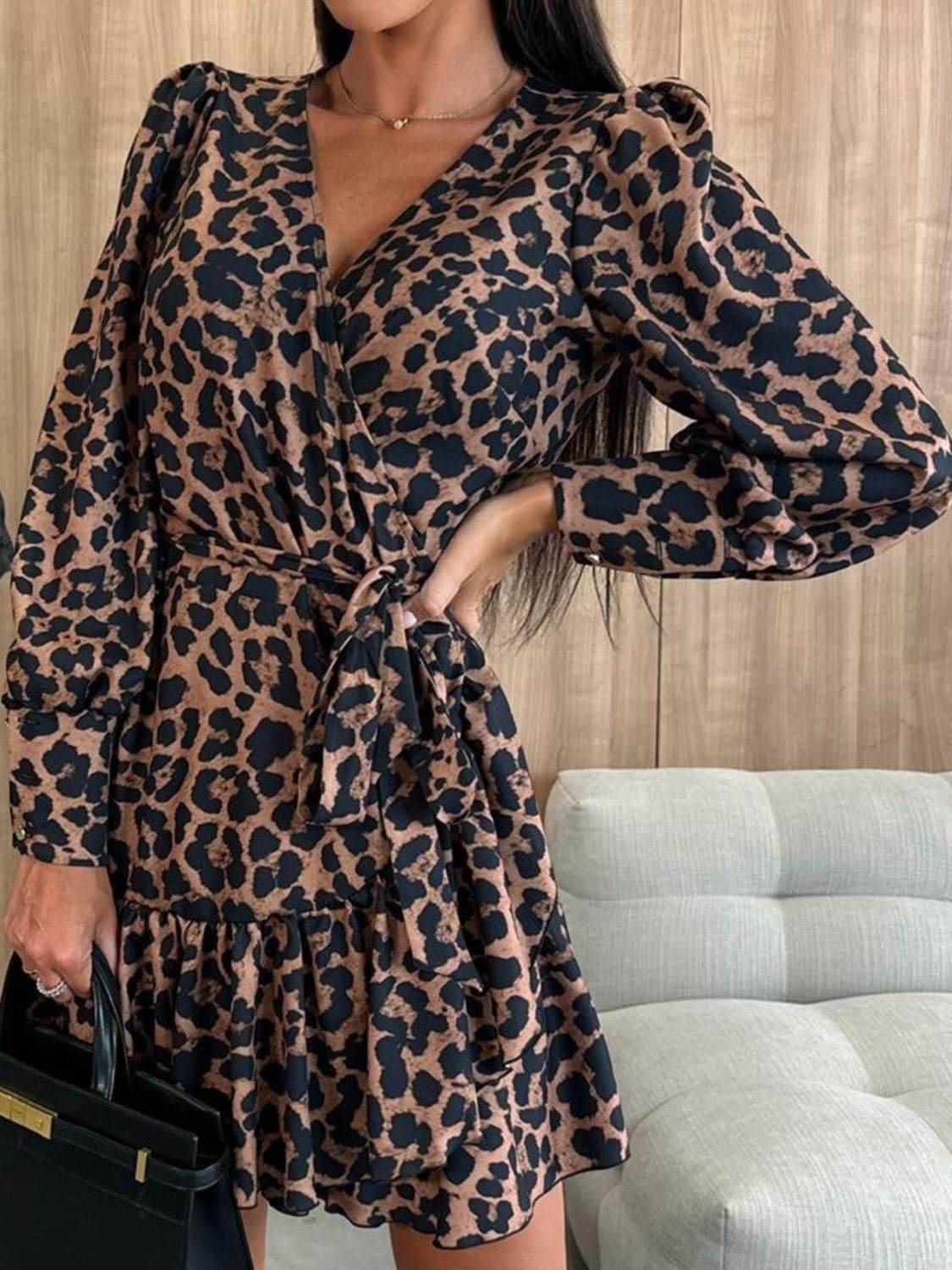 Leopard Wrap Dress With Tiered Hem and Long Sleeves — Trendy Leopard Dress