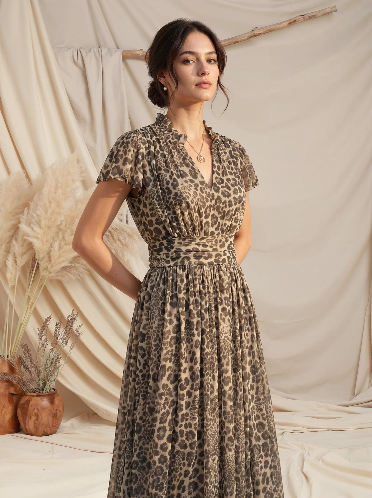 Strapless Leopard Midi Dress With White Sandals and Sheer Fabric — Trendy Leopard Dress