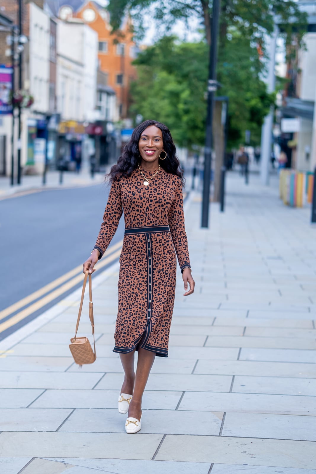 Knit Leopard Midi Dress With Button Front — Trendy Leopard Dress