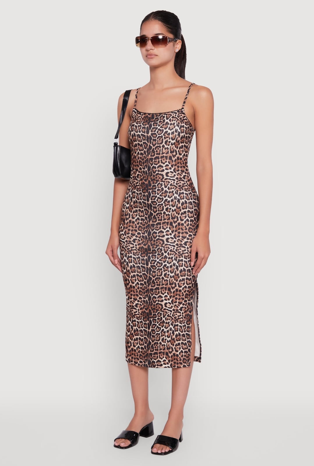 Leopard Slip Dress With Side Slit And Slides — Trendy Leopard Dress