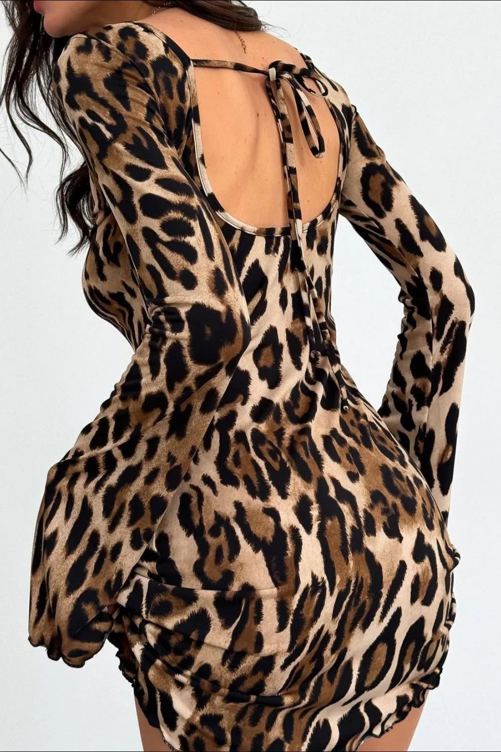Backless Leopard Mini Dress With Tie Closure — Trendy Leopard Dress