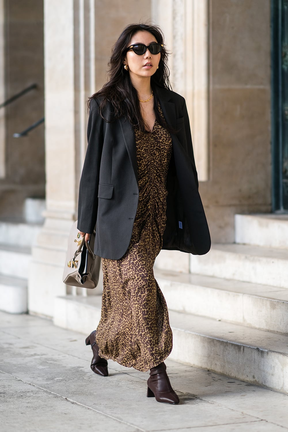 Leopard Midi Dress Under Oversized Blazer — Trendy Leopard Dress