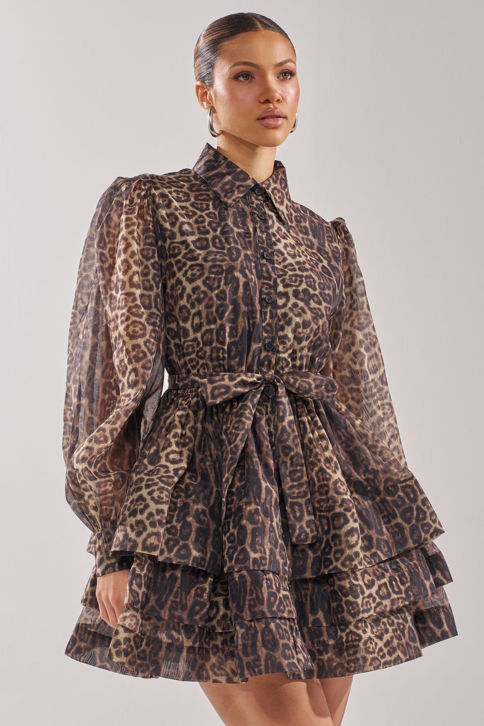 Tiered Ruffled Leopard Mini Dress With Statement Collar — Trendy Leopard Dress