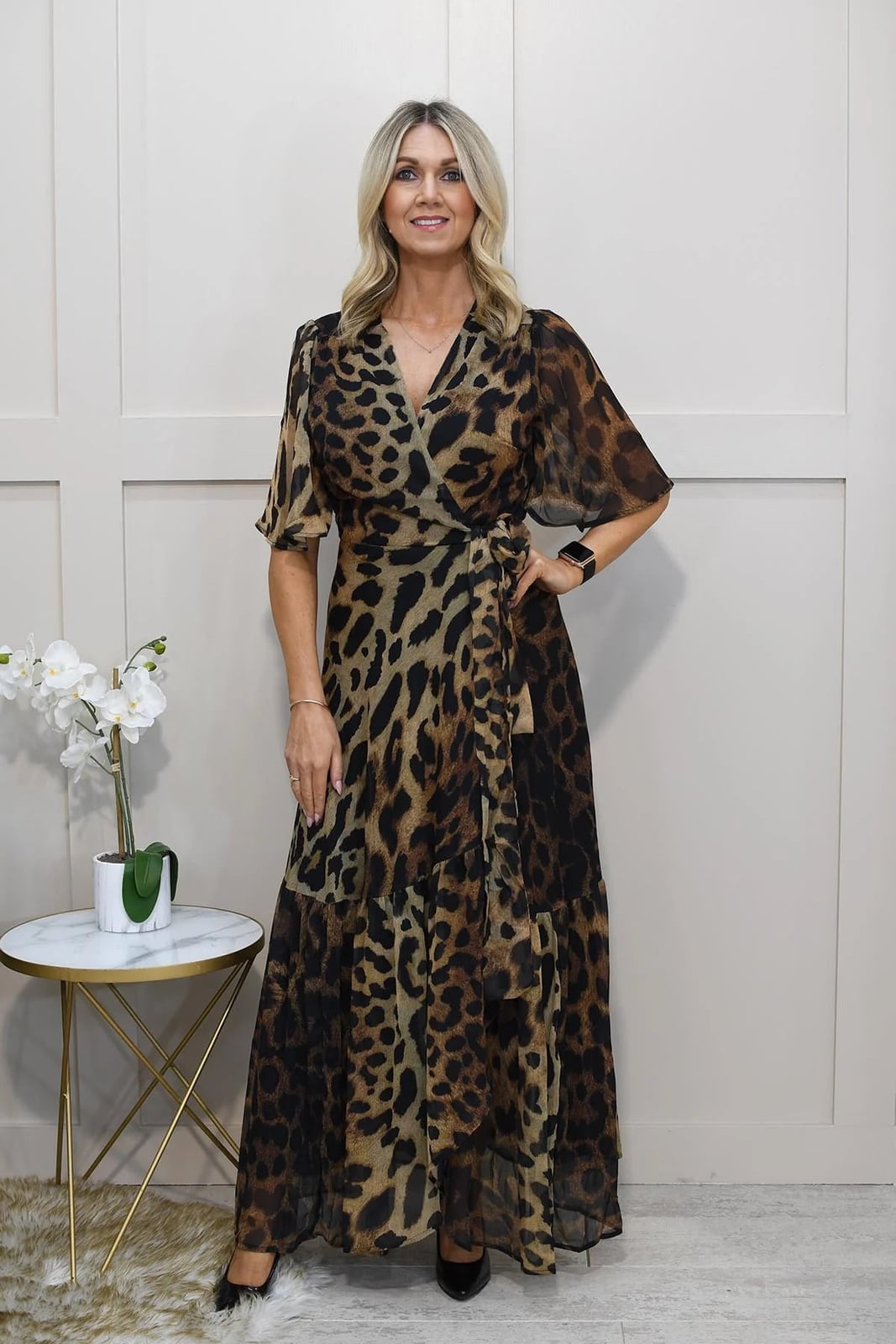 Flowing Leopard Maxi Wrap Dress With Flutter Sleeves — Trendy Leopard Dress
