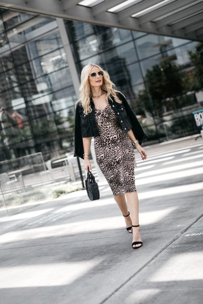 Leopard Midi Dress With Denim Jacket And Strappy Heels — Trendy Leopard Dress