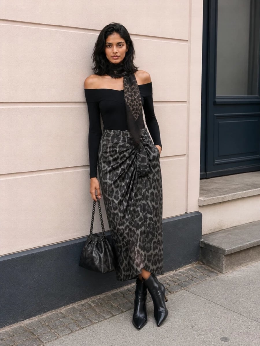 Stella McCartney leopard midi skirt evening outfit | The Fashion Square