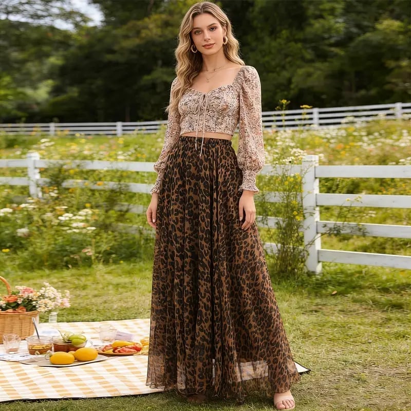 Pleated Chiffon Leopard Maxi Skirt With Floral Top — Trendy Leopard Skirt Outfit