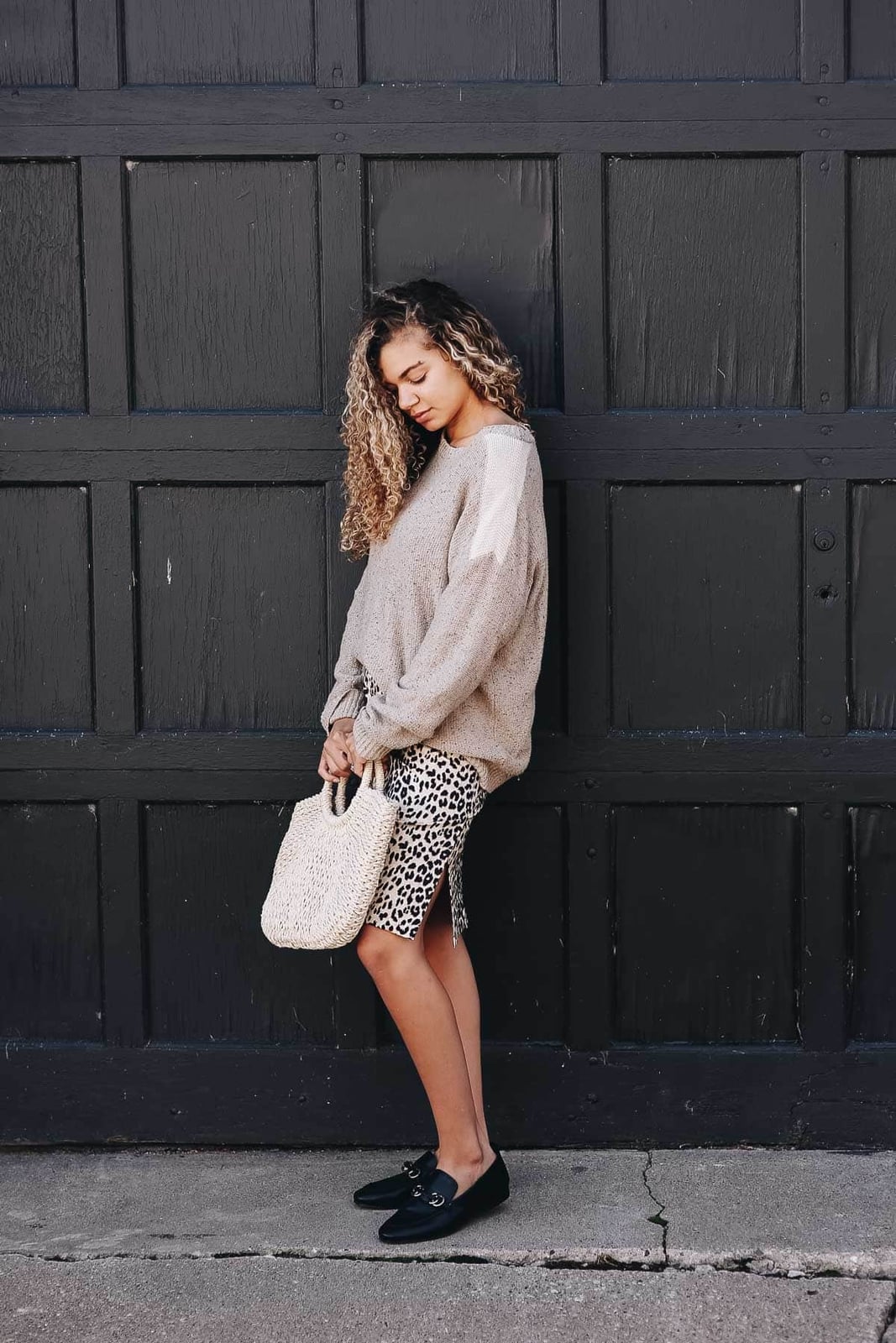Leopard Midi Skirt With Beige Knit Sweater — Trendy Leopard Skirt Outfit