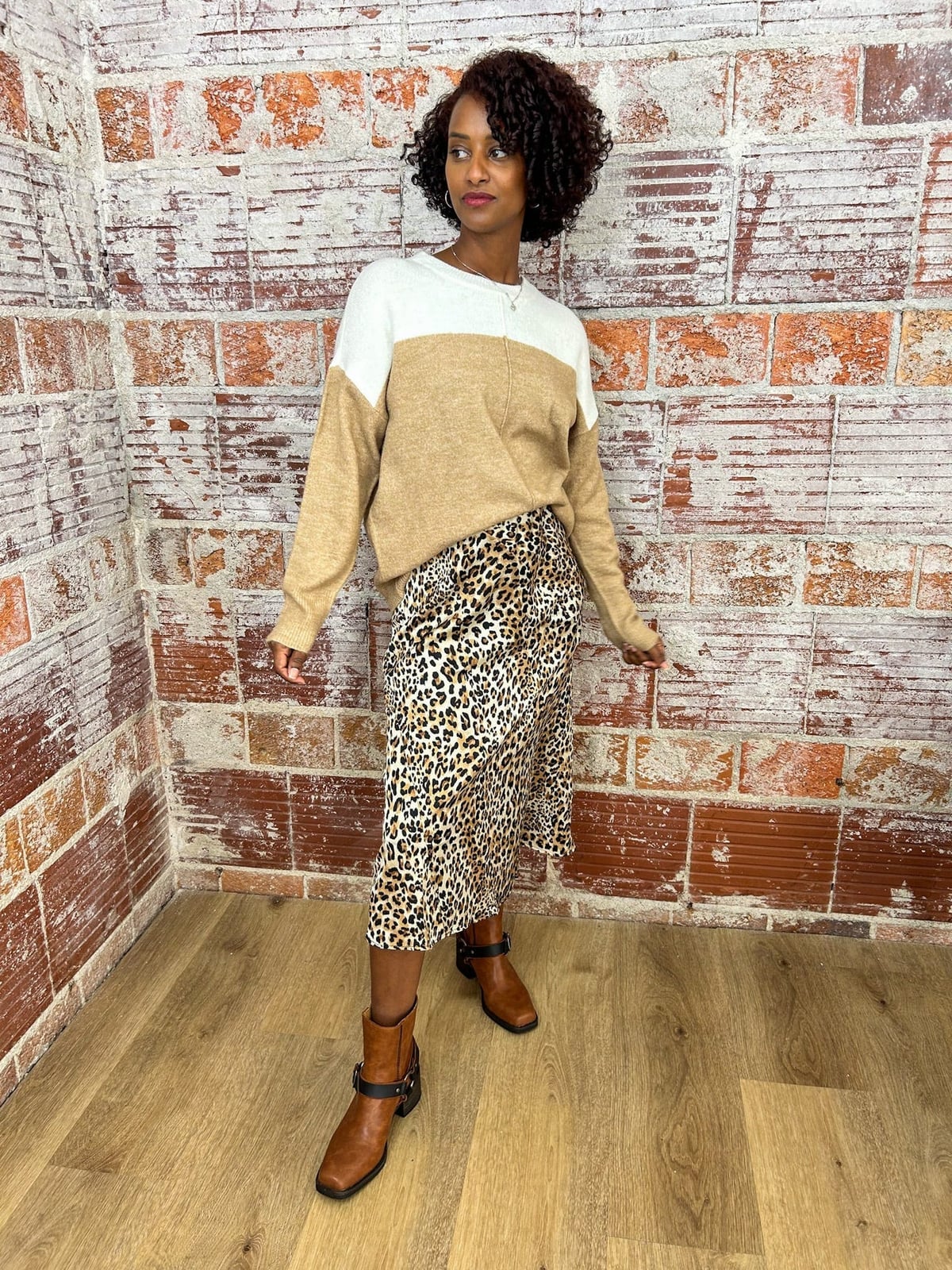 A-Line Leopard Midi Skirt With Colorblock Sweater — Trendy Leopard Skirt Outfit