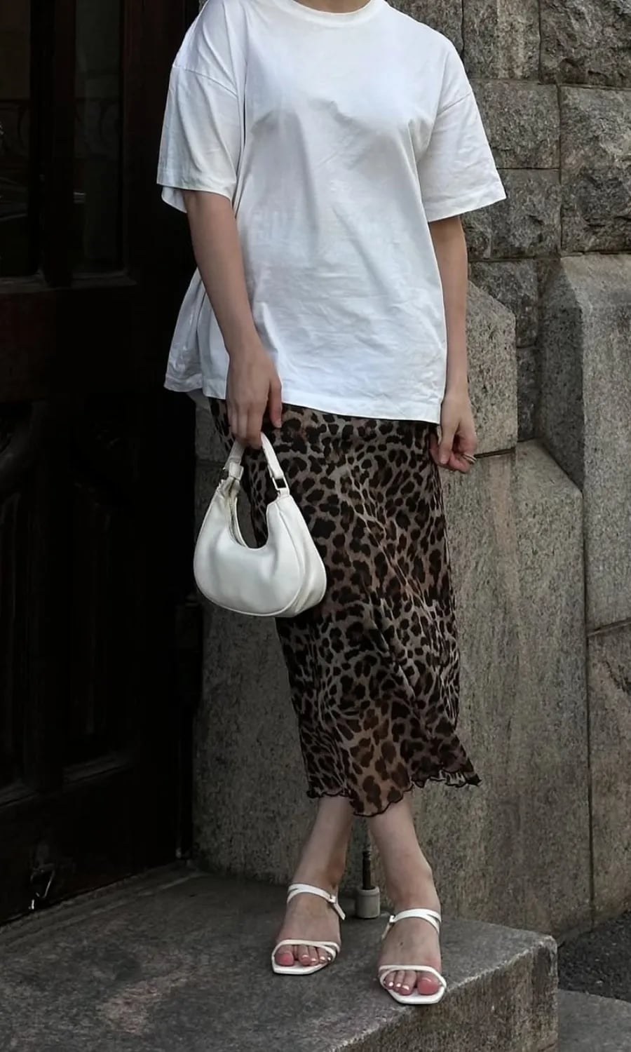 Satin Leopard Midi Skirt With White T-Shirt — Trendy Leopard Skirt Outfit