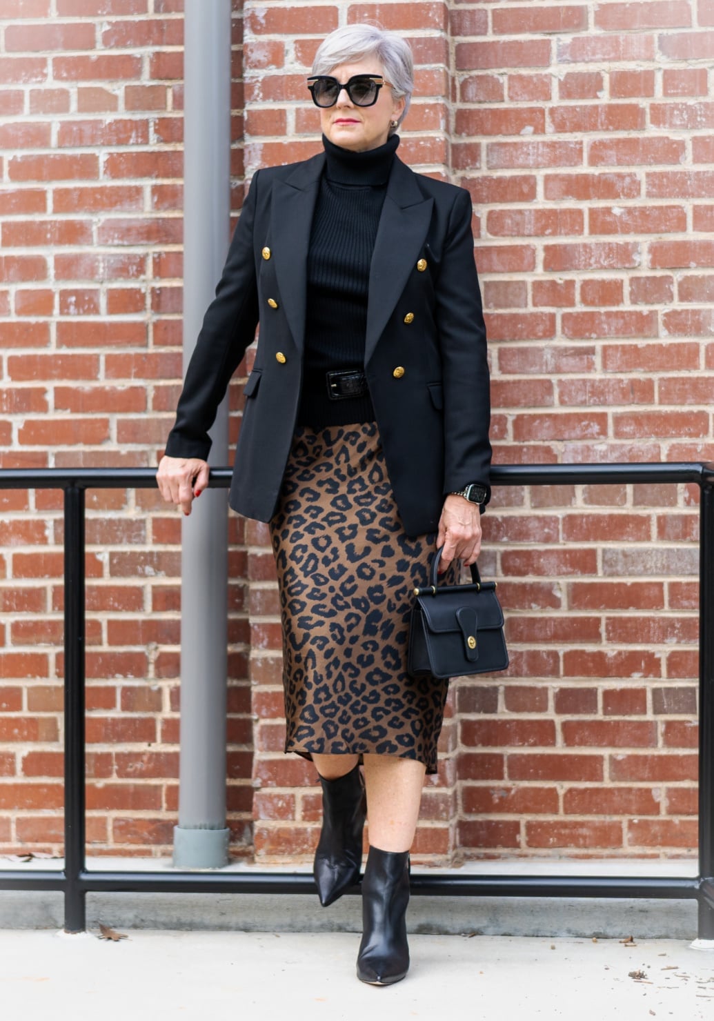 Leopard Satin Midi Skirt With Black Blazer, Close-Up Take — Trendy Leopard Skirt Outfit