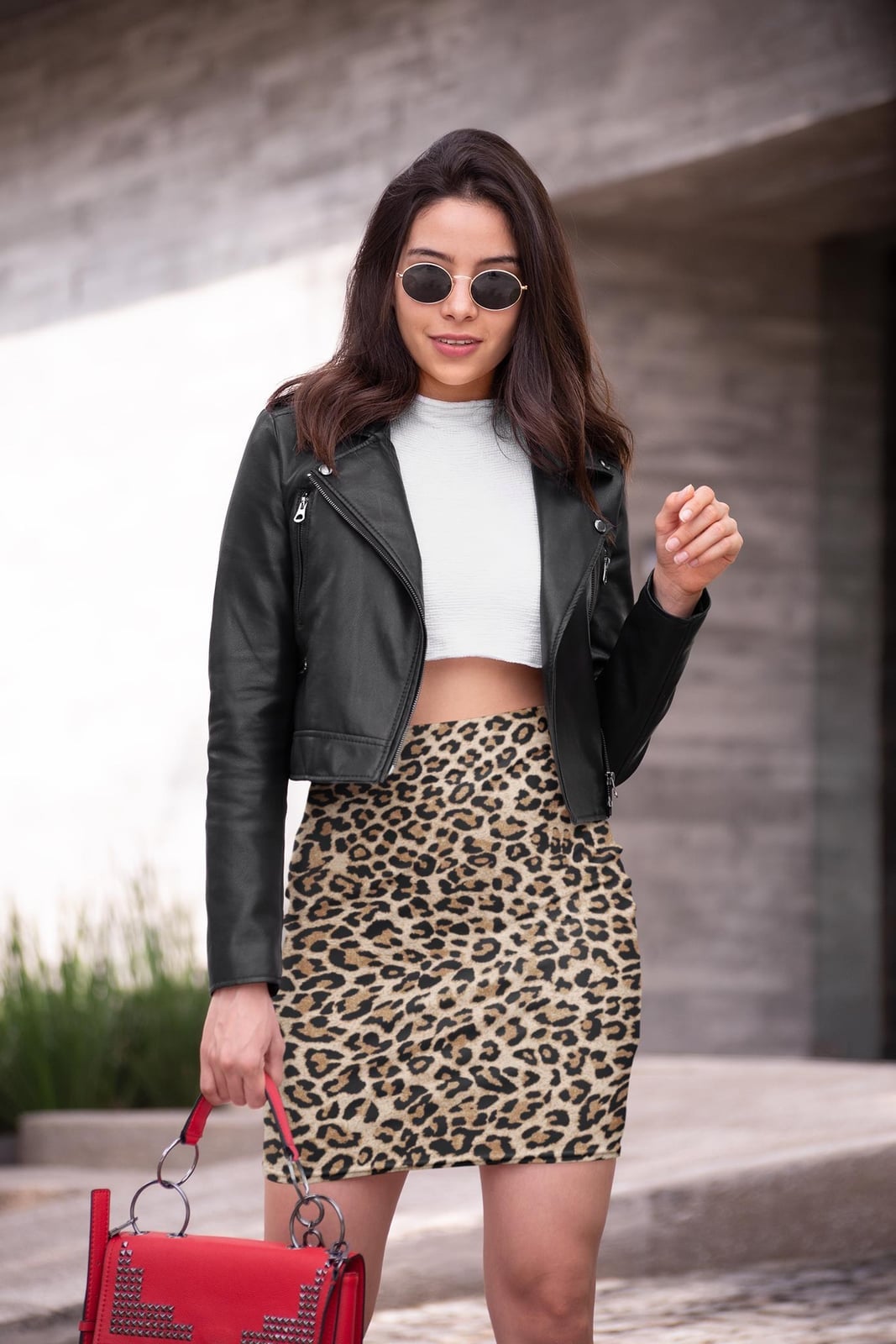 Leopard Mini Skirt With Leather Moto Jacket — Trendy Leopard Skirt Outfit