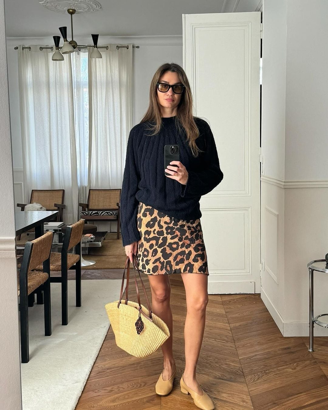 Black Knit Sweater With Leopard Mini Skirt — Trendy Leopard Skirt Outfit