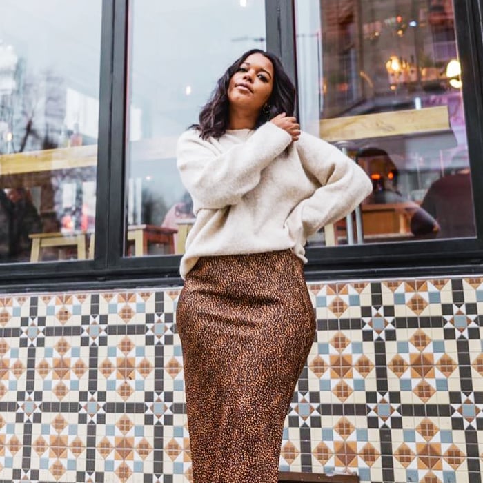 Satin Leopard Maxi Skirt With Beige Knit Sweater — Trendy Leopard Skirt Outfit