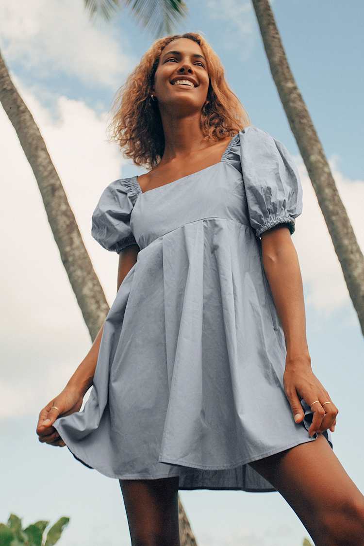Light Blue Cotton Babydoll Mini Dress with Puff Sleeves Light Blue Cotton Babydoll Mini Dress with Puff Sleeves — Trendy Light Blue Outfits