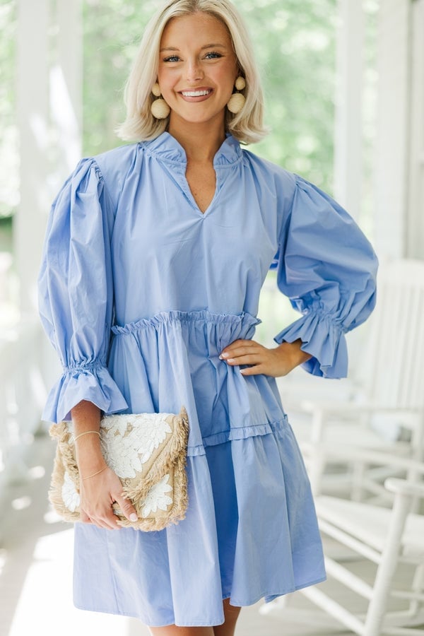 Voluminous Light Blue Cotton Babydoll Dress with Puff, Close-Up Take Voluminous Light Blue Cotton Babydoll Dress with Puff, Close-Up Take — Trendy Light Blue Outfits