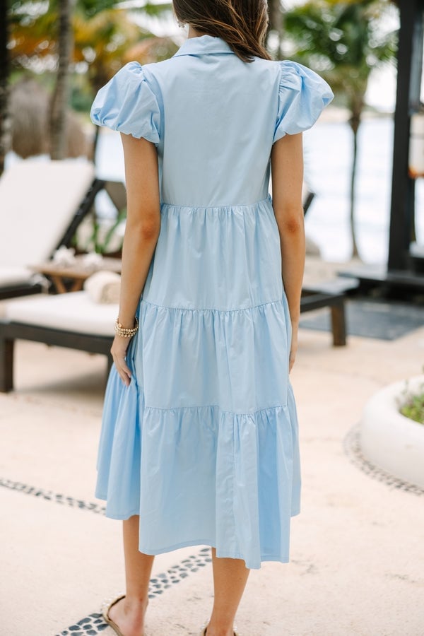 Collared Light Blue Midi Dress with Tiered Skirt and Puff Sleeves Collared Light Blue Midi Dress with Tiered Skirt and Puff Sleeves — Trendy Light Blue Outfits