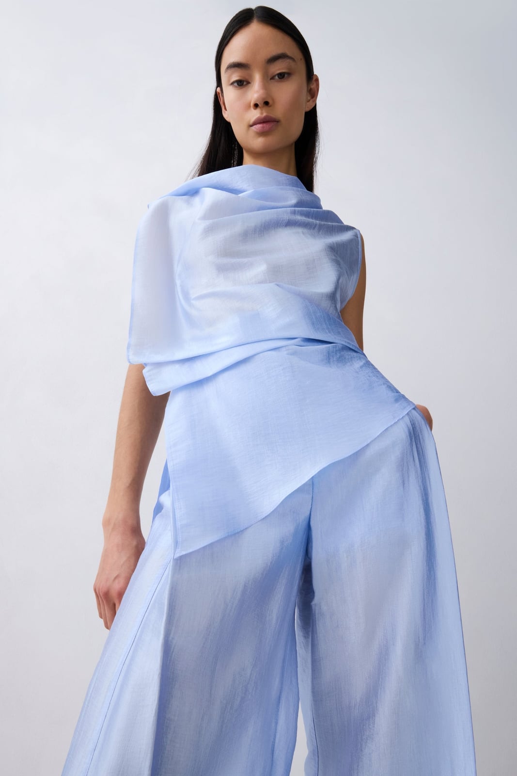 Flowy Light Blue Draped Top and Wide-Leg Pants Flowy Light Blue Draped Top and Wide-Leg Pants — Trendy Light Blue Outfits