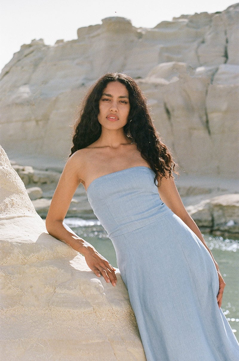 Strapless Light Blue Chambray Linen Midi Dress Strapless Light Blue Chambray Linen Midi Dress — Trendy Light Blue Outfits