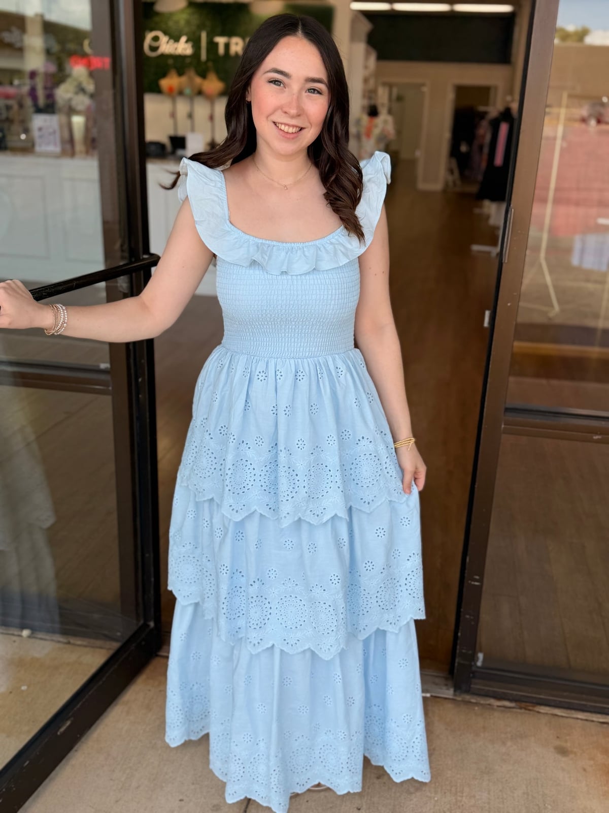 Light Blue Tiered Smocked Maxi Dress in Eyelet Cotton Light Blue Tiered Smocked Maxi Dress in Eyelet Cotton — Trendy Light Blue Outfits