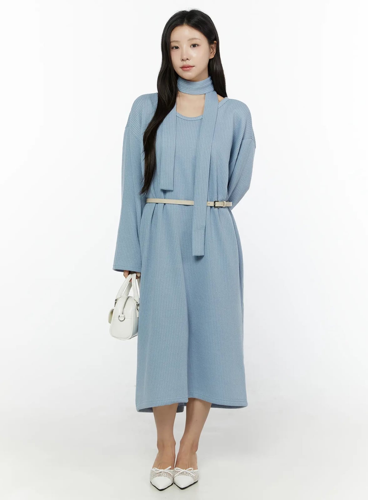 Light Blue Knit Dress with Integrated Scarf Detail Light Blue Knit Dress with Integrated Scarf Detail — Trendy Light Blue Outfits