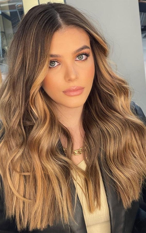 Collarbone Honey Blonde Balayage With Curtain Bangs — Trendy Light Hair Color