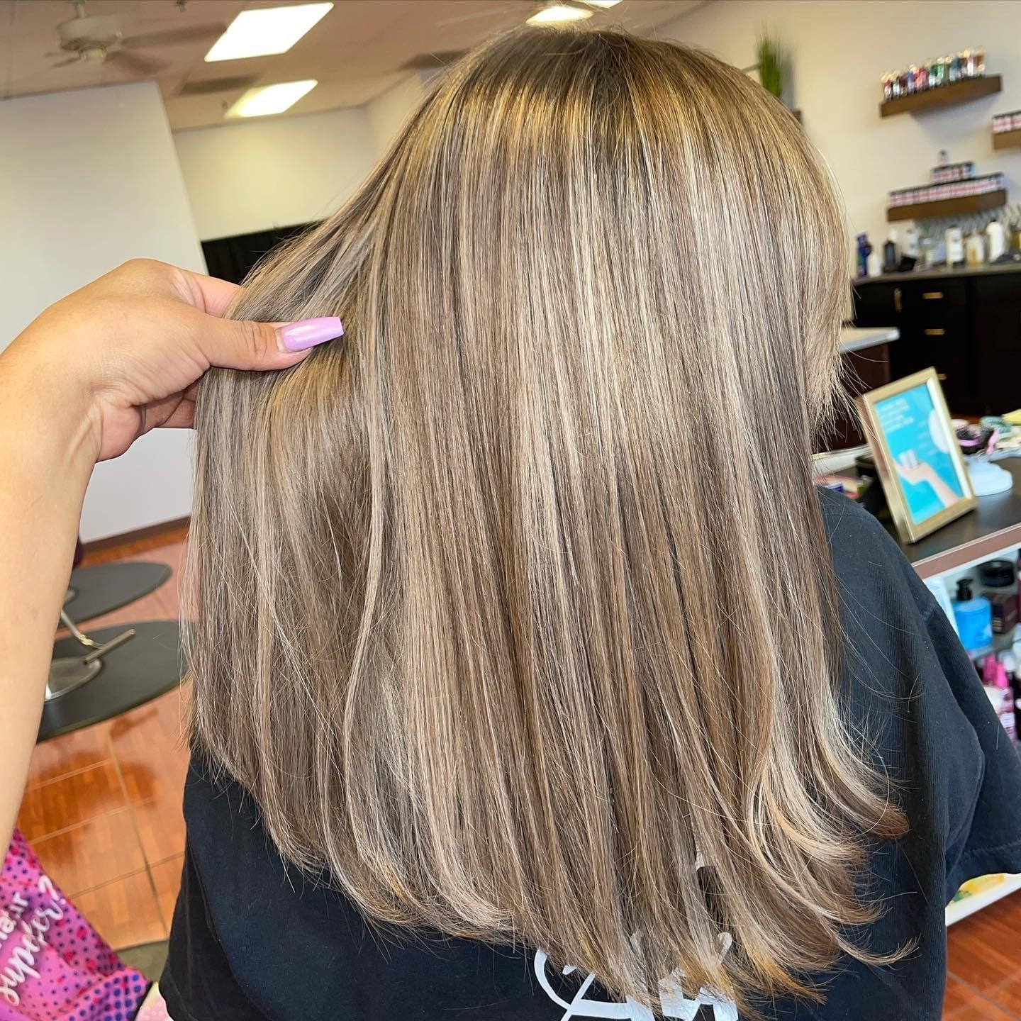 Mid-Back Ash Blonde With Dimensional Highlights, Showcasing A Glossy — Trendy Light Hair Color