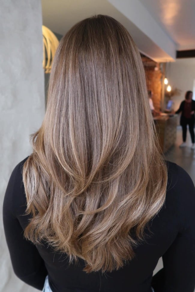 Mid-Back Ash Beige Brown With Highlights — Trendy Light Hair Color