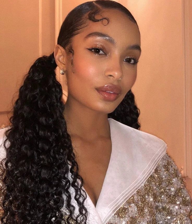 Mid-Back Black Hair In High Ponytails Mid-Back Black Hair In High Ponytails — Trendy Long Curly Hair