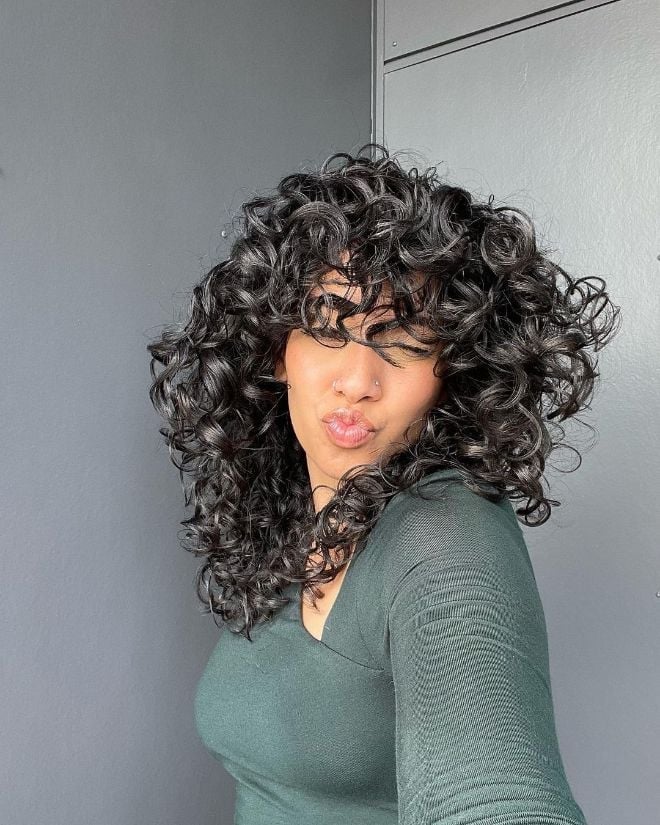 Shoulder Length Dark Brown With Full Bangs Shoulder Length Dark Brown With Full Bangs — Trendy Long Curly Hair